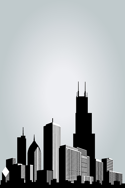 Black and white drawing of Chicago skyline