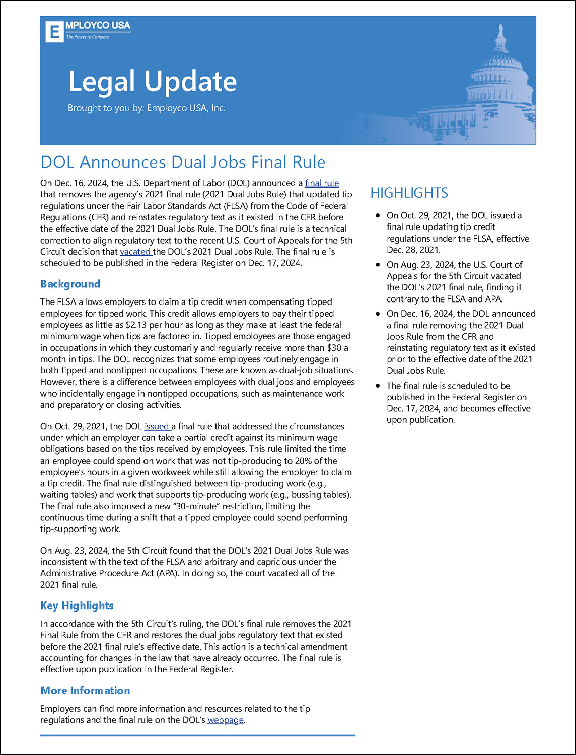 Legal Update: DOL Announces Dual Jobs Final Rule (Tip Regulations)