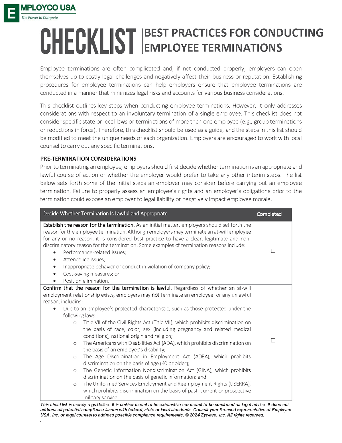 Checklist for Conducting Employee Terminations